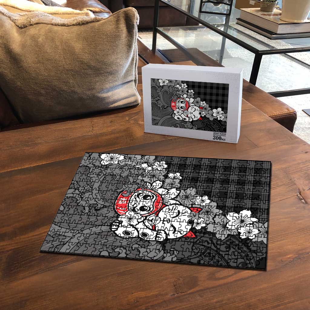 Black Palaka Hawaiian And Japanese Puzzle Maneki Neko And Sakura Bloom