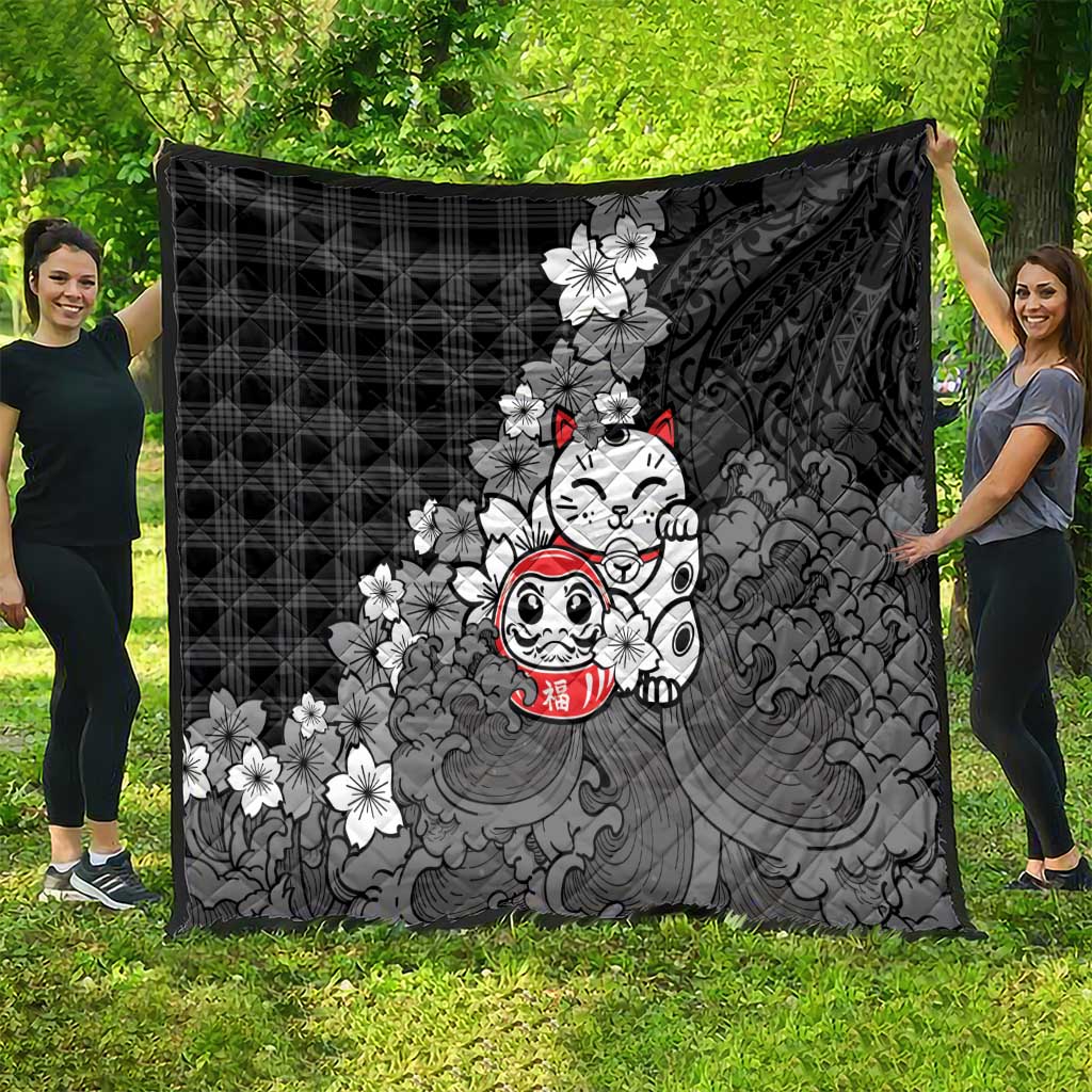 Black Palaka Hawaiian And Japanese Quilt Maneki Neko And Sakura Bloom DT05 - Polynesian Pride