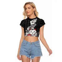 Black Palaka Hawaiian And Japanese Raglan Cropped T Shirt Maneki Neko And Sakura Bloom