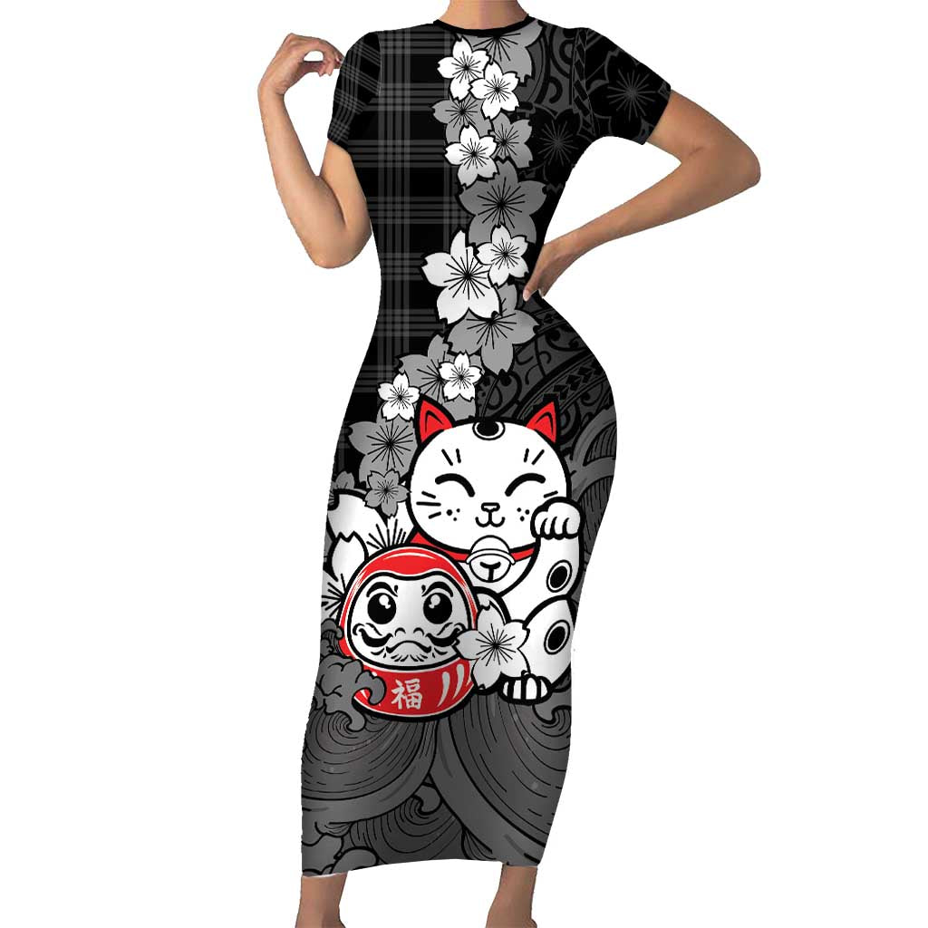 Black Palaka Hawaiian And Japanese Short Sleeve Bodycon Dress Maneki Neko And Sakura Bloom