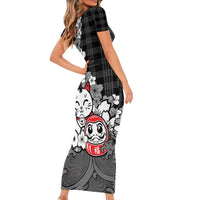 Black Palaka Hawaiian And Japanese Short Sleeve Bodycon Dress Maneki Neko And Sakura Bloom