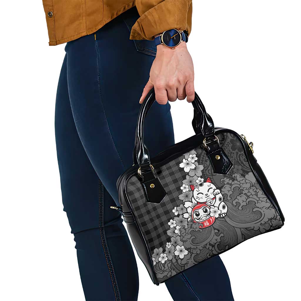 Black Palaka Hawaiian And Japanese Shoulder Handbag Maneki Neko And Sakura Bloom DT05 - Polynesian Pride