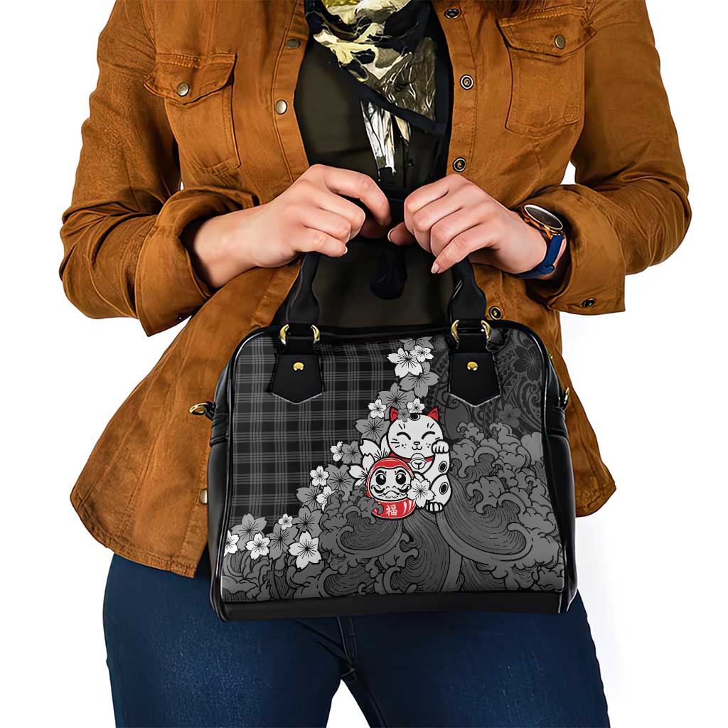 Black Palaka Hawaiian And Japanese Shoulder Handbag Maneki Neko And Sakura Bloom DT05 - Polynesian Pride