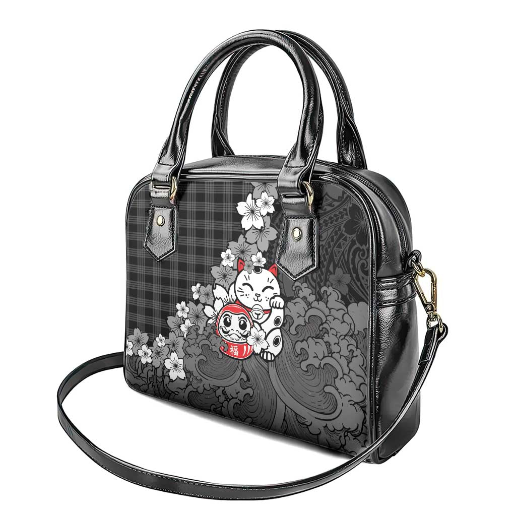 Black Palaka Hawaiian And Japanese Shoulder Handbag Maneki Neko And Sakura Bloom DT05 - Polynesian Pride