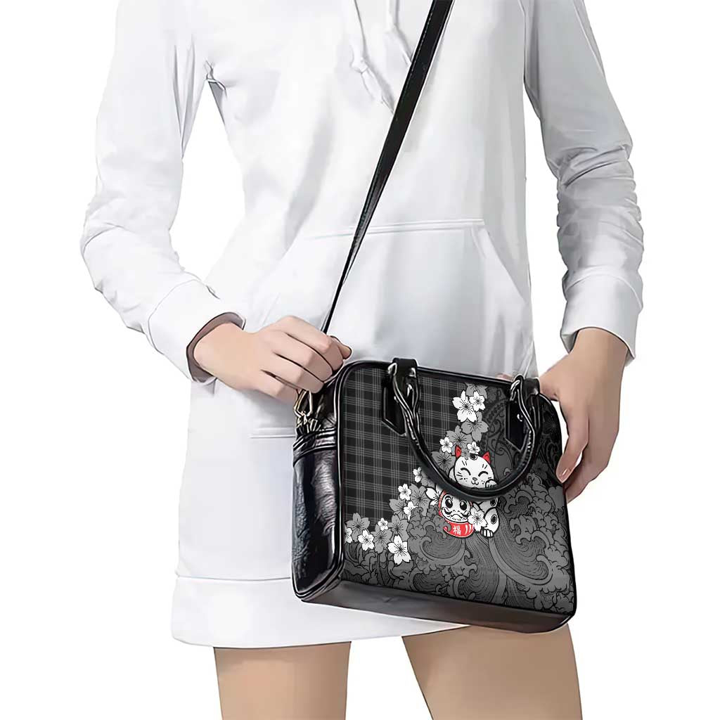 Black Palaka Hawaiian And Japanese Shoulder Handbag Maneki Neko And Sakura Bloom DT05 - Polynesian Pride