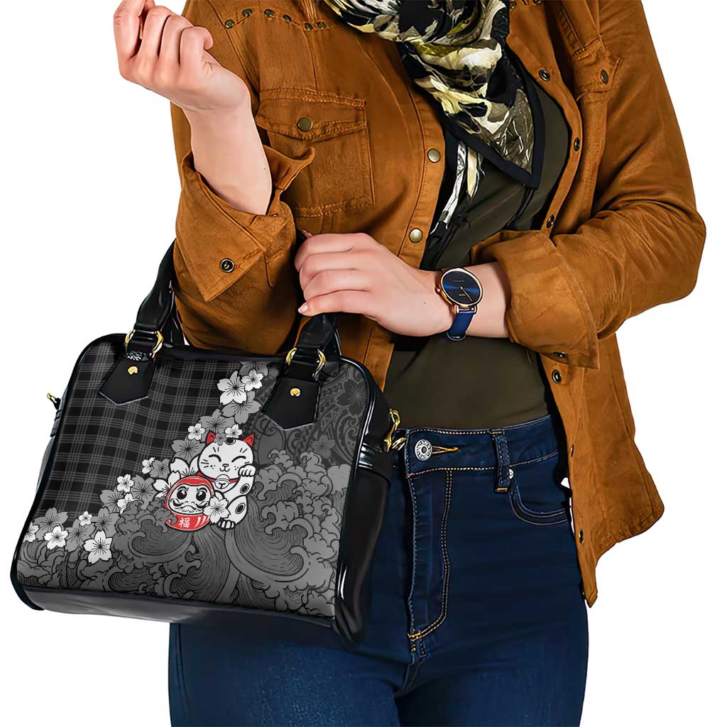 Black Palaka Hawaiian And Japanese Shoulder Handbag Maneki Neko And Sakura Bloom DT05 - Polynesian Pride