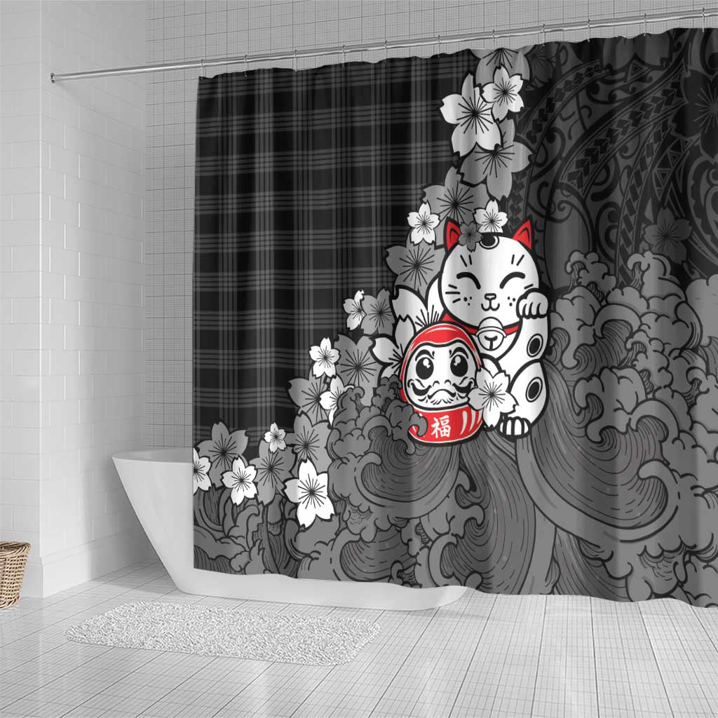 Black Palaka Hawaiian And Japanese Shower Curtain Maneki Neko And Sakura Bloom