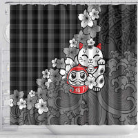 Black Palaka Hawaiian And Japanese Shower Curtain Maneki Neko And Sakura Bloom