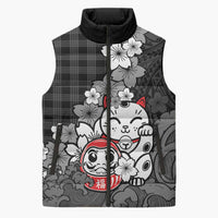 Black Palaka Hawaiian And Japanese Sleeveless Puffer Jacket Maneki Neko And Sakura Bloom DT05 Unisex Black - Polynesian Pride