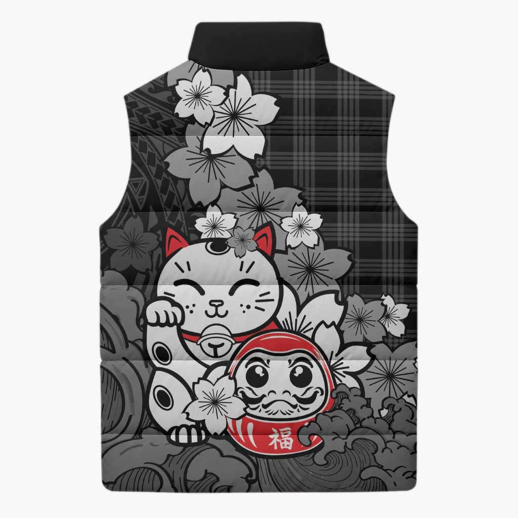 Black Palaka Hawaiian And Japanese Sleeveless Puffer Jacket Maneki Neko And Sakura Bloom DT05 - Polynesian Pride