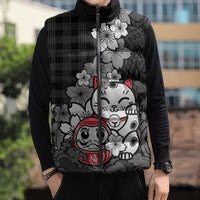 Black Palaka Hawaiian And Japanese Sleeveless Puffer Jacket Maneki Neko And Sakura Bloom DT05 - Polynesian Pride