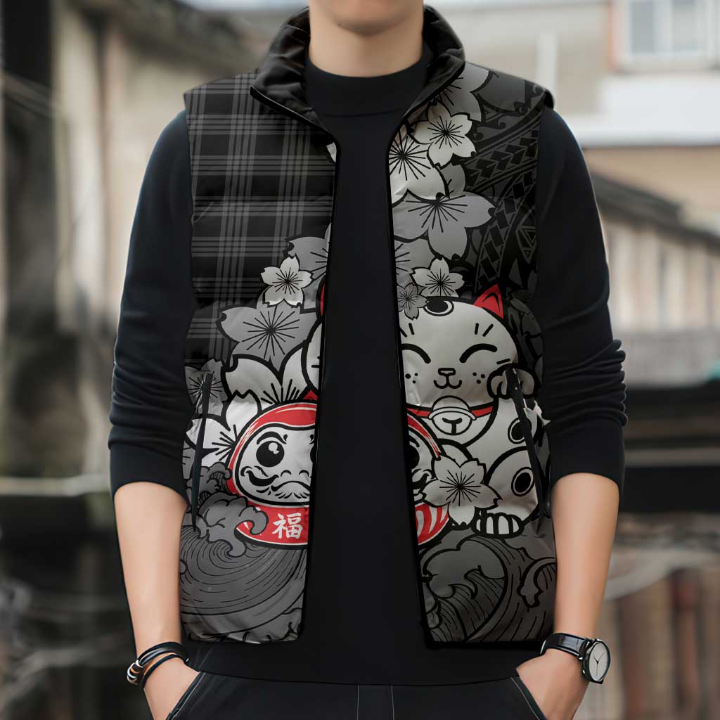 Black Palaka Hawaiian And Japanese Sleeveless Puffer Jacket Maneki Neko And Sakura Bloom DT05 - Polynesian Pride