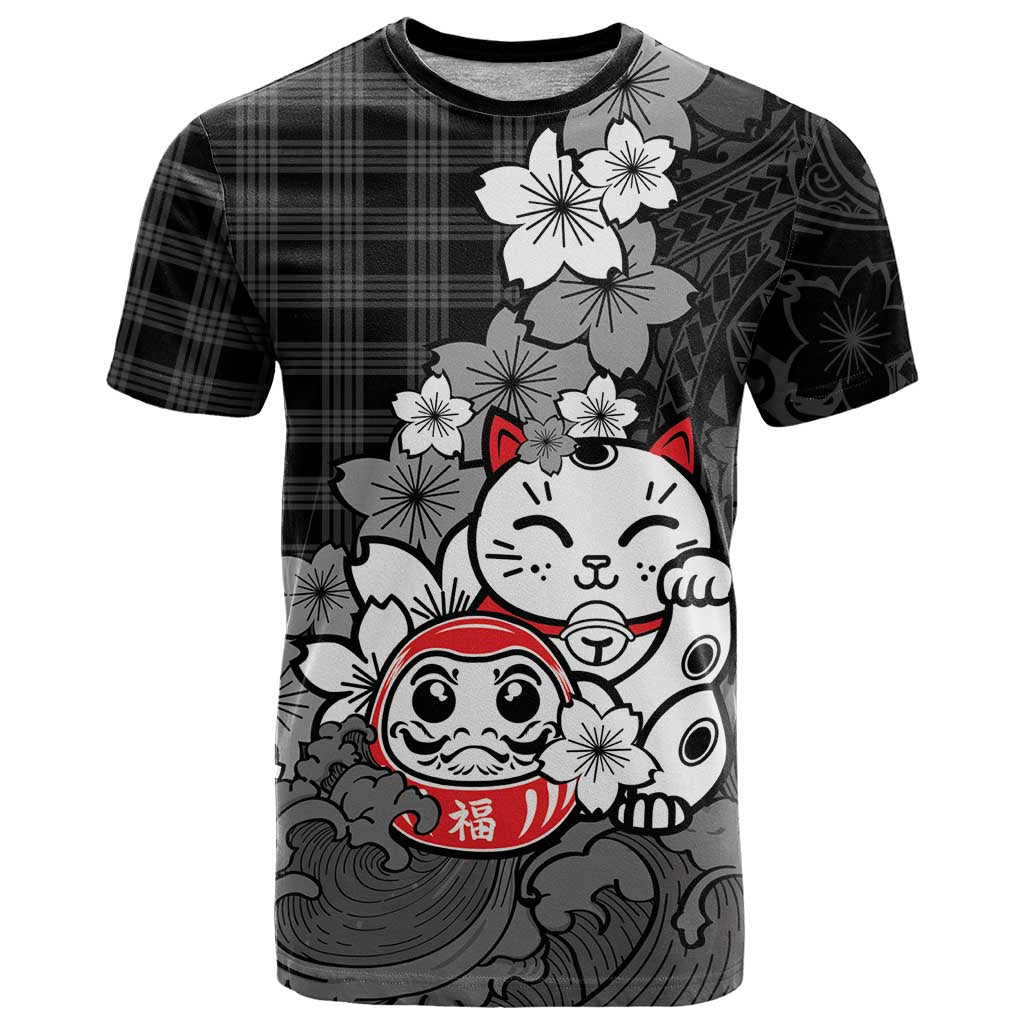 Black Palaka Hawaiian And Japanese T Shirt Maneki Neko And Sakura Bloom