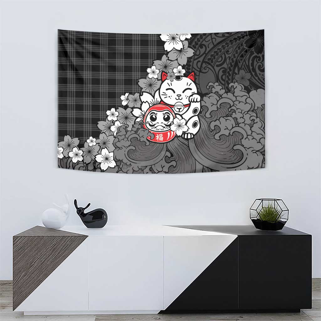 Black Palaka Hawaiian And Japanese Tapestry Maneki Neko And Sakura Bloom