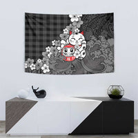 Black Palaka Hawaiian And Japanese Tapestry Maneki Neko And Sakura Bloom