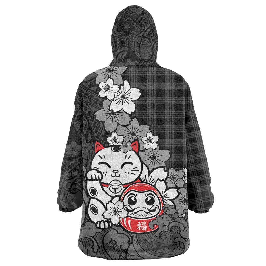 Black Palaka Hawaiian And Japanese Wearable Blanket Hoodie Maneki Neko And Sakura Bloom
