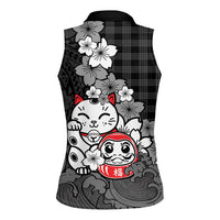 Black Palaka Hawaiian And Japanese Women Sleeveless Polo Shirt Maneki Neko And Sakura Bloom