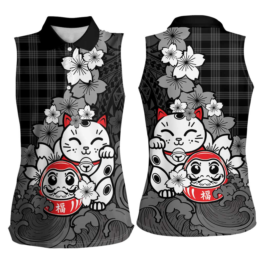 Black Palaka Hawaiian And Japanese Women Sleeveless Polo Shirt Maneki Neko And Sakura Bloom