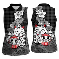 Black Palaka Hawaiian And Japanese Women Sleeveless Polo Shirt Maneki Neko And Sakura Bloom