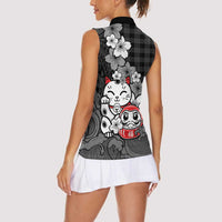 Black Palaka Hawaiian And Japanese Women Sleeveless Polo Shirt Maneki Neko And Sakura Bloom