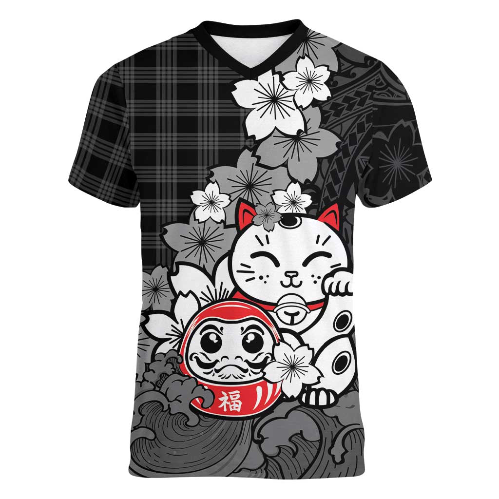 Black Palaka Hawaiian And Japanese Women V-Neck T-Shirt Maneki Neko And Sakura Bloom