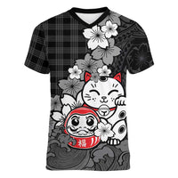 Black Palaka Hawaiian And Japanese Women V-Neck T-Shirt Maneki Neko And Sakura Bloom