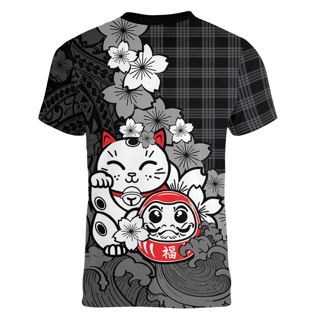 Black Palaka Hawaiian And Japanese Women V-Neck T-Shirt Maneki Neko And Sakura Bloom