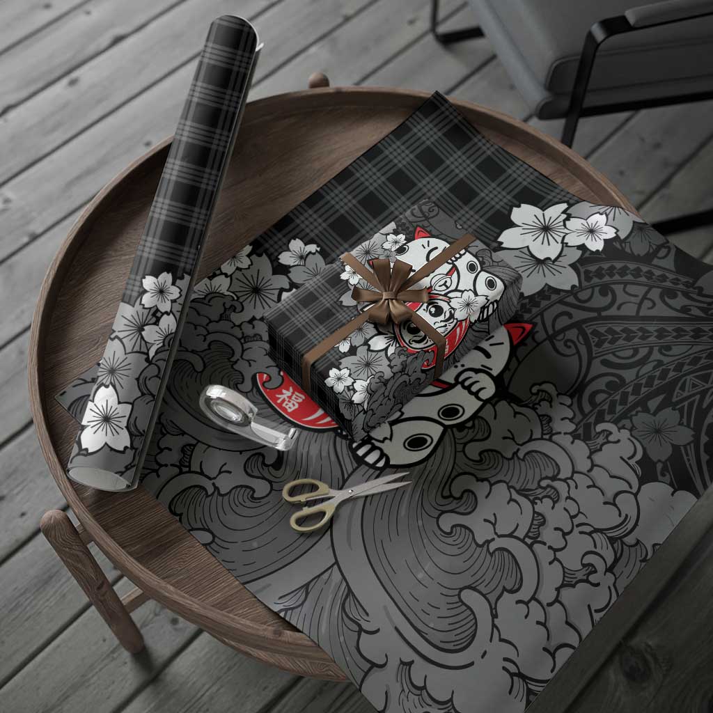 Black Palaka Hawaiian And Japanese Wrapping Paper Maneki Neko And Sakura Bloom