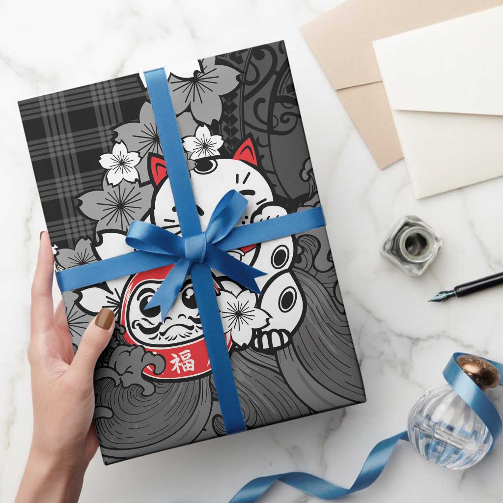 Black Palaka Hawaiian And Japanese Wrapping Paper Maneki Neko And Sakura Bloom