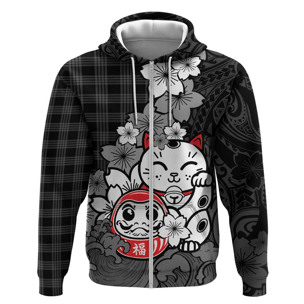 Black Palaka Hawaiian And Japanese Zip Hoodie Maneki Neko And Sakura Bloom