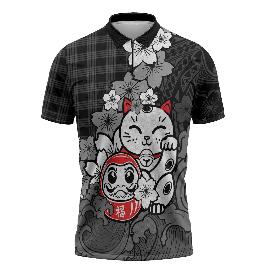 Black Palaka Hawaiian And Japanese Zipper Polo Shirt Maneki Neko And Sakura Bloom