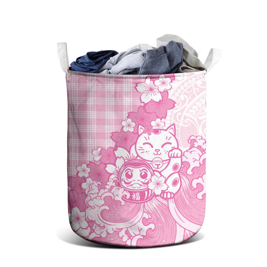 Pink Palaka Hawaiian And Japanese Laundry Basket Maneki Neko And Sakura Bloom