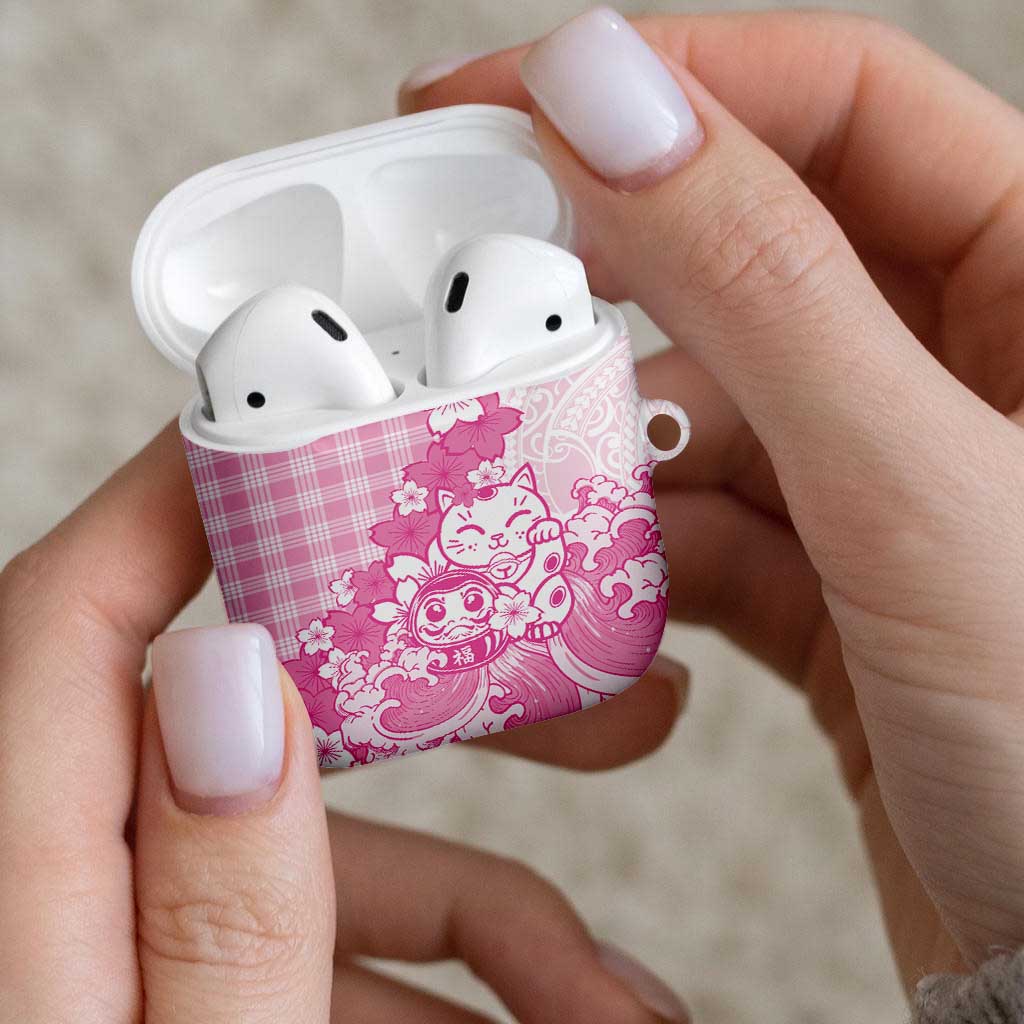 Pink Palaka Hawaiian And Japanese AirPods Case Maneki Neko And Sakura Bloom