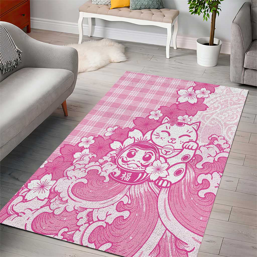 Pink Palaka Hawaiian And Japanese Area Rug Maneki Neko And Sakura Bloom