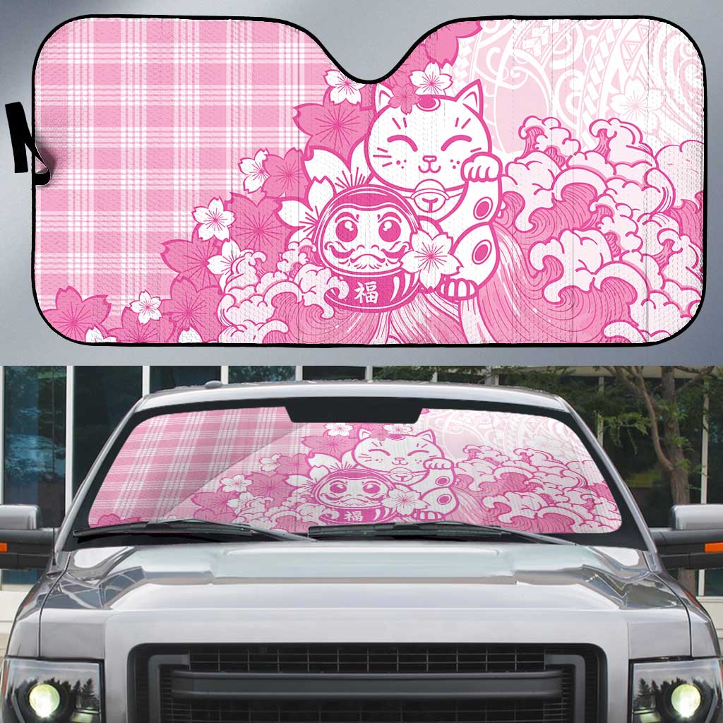 Pink Palaka Hawaiian And Japanese Auto Sun Shade Maneki Neko And Sakura Bloom DT05 Pink - Polynesian Pride