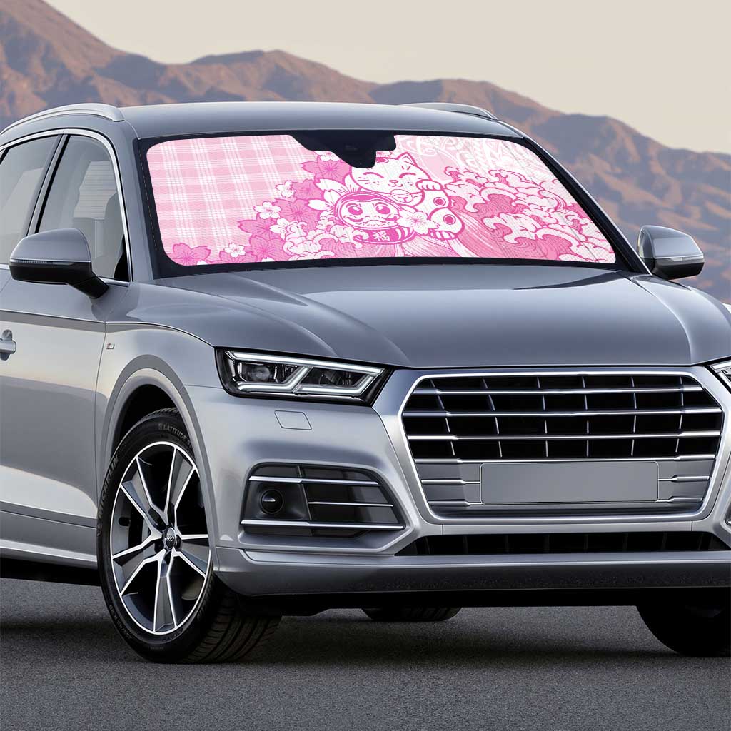 Pink Palaka Hawaiian And Japanese Auto Sun Shade Maneki Neko And Sakura Bloom DT05 - Polynesian Pride