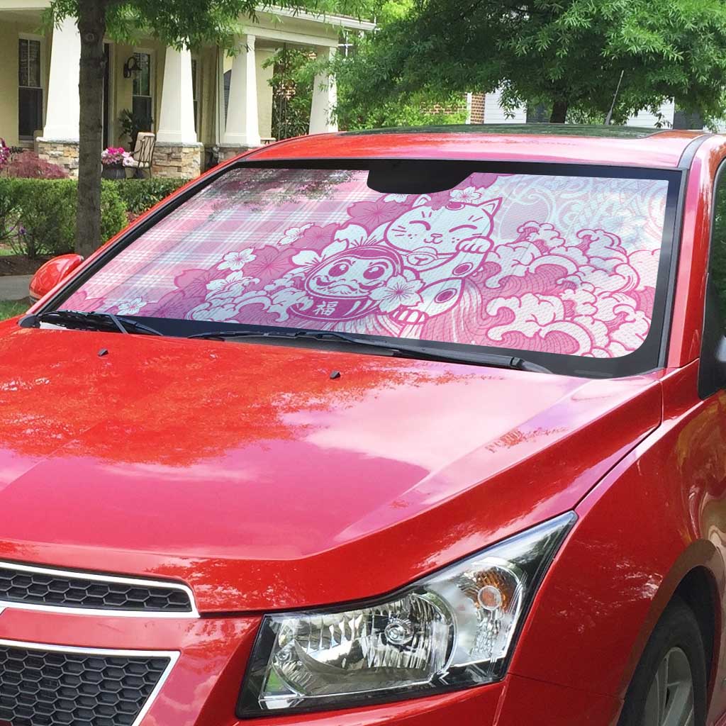 Pink Palaka Hawaiian And Japanese Auto Sun Shade Maneki Neko And Sakura Bloom DT05 - Polynesian Pride