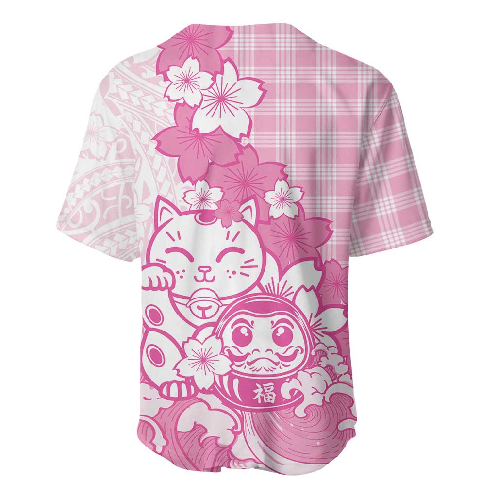Pink Palaka Hawaiian And Japanese Baseball Jersey Maneki Neko And Sakura Bloom DT05 - Polynesian Pride
