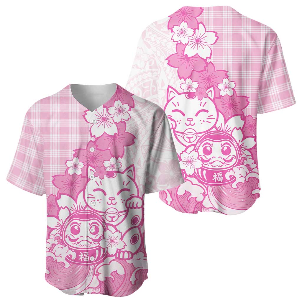 Pink Palaka Hawaiian And Japanese Baseball Jersey Maneki Neko And Sakura Bloom DT05 - Polynesian Pride