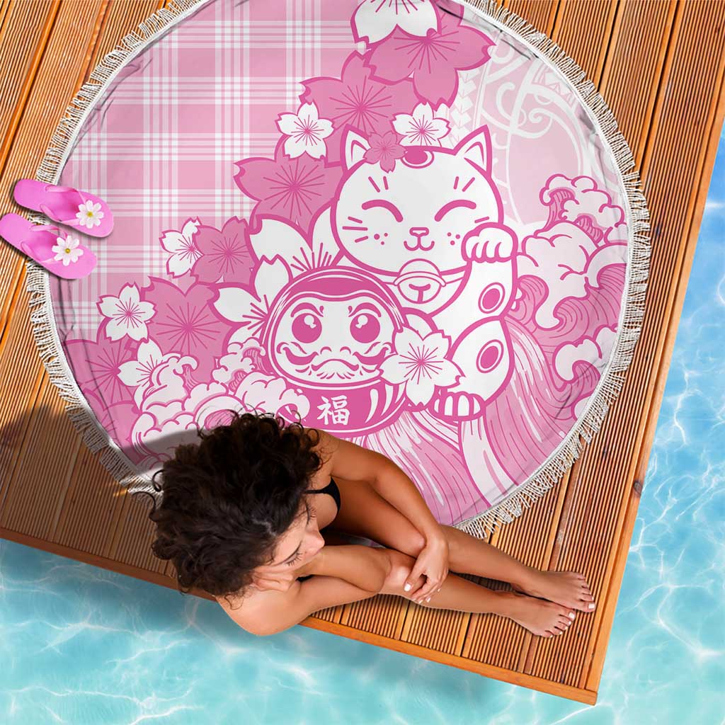 Pink Palaka Hawaiian And Japanese Beach Blanket Maneki Neko And Sakura Bloom