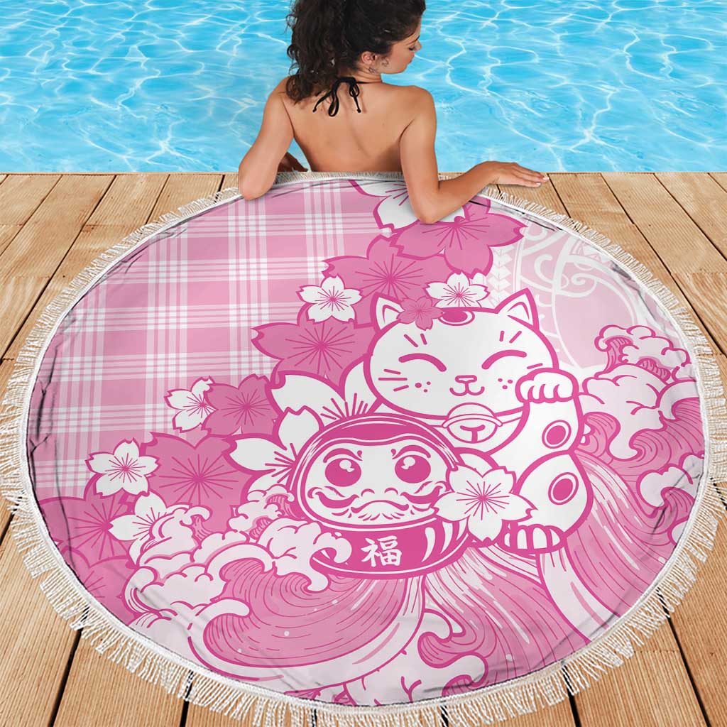 Pink Palaka Hawaiian And Japanese Beach Blanket Maneki Neko And Sakura Bloom