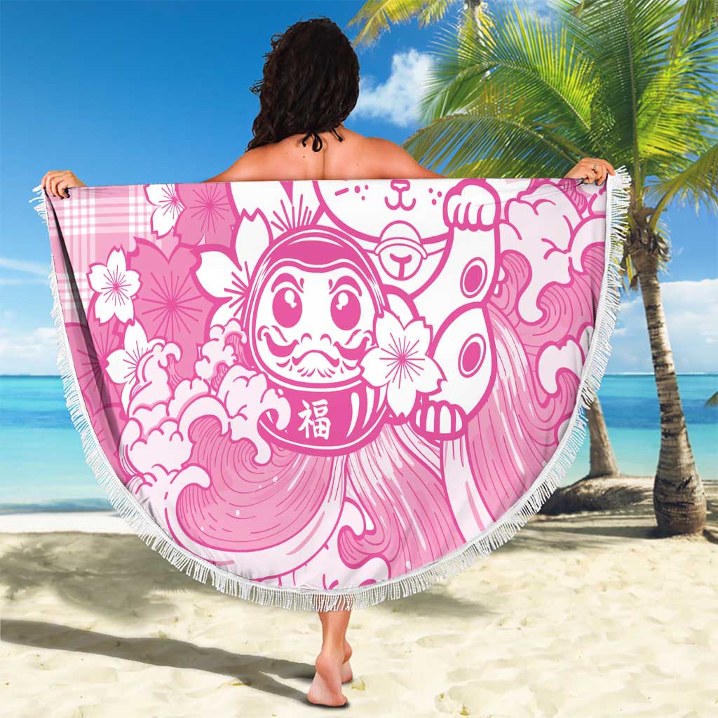Pink Palaka Hawaiian And Japanese Beach Blanket Maneki Neko And Sakura Bloom