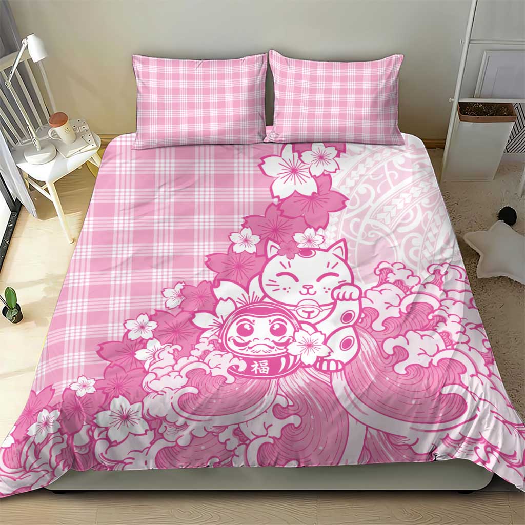 Pink Palaka Hawaiian And Japanese Bedding Set Maneki Neko And Sakura Bloom