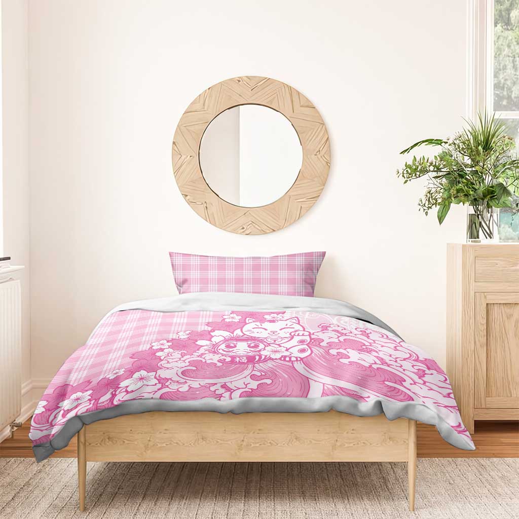 Pink Palaka Hawaiian And Japanese Bedding Set Maneki Neko And Sakura Bloom