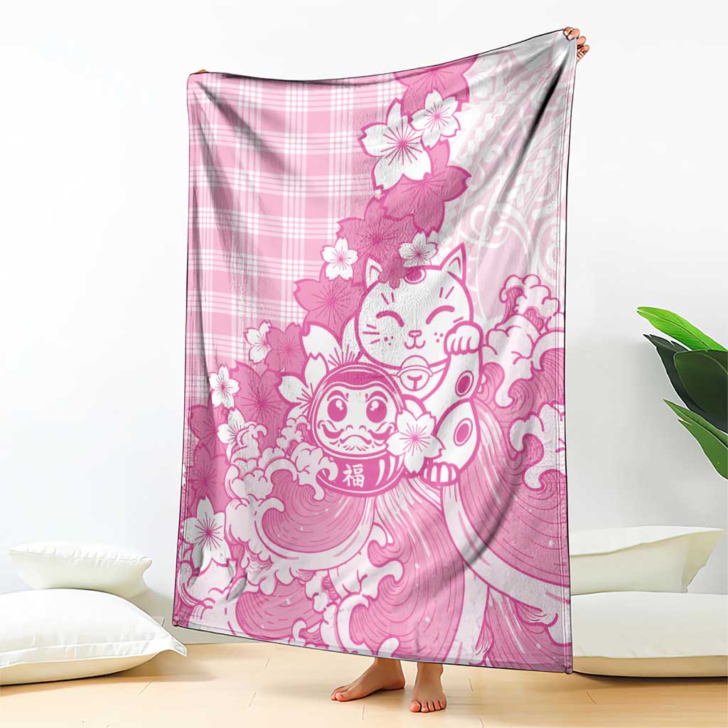 Pink Palaka Hawaiian And Japanese Blanket Maneki Neko And Sakura Bloom