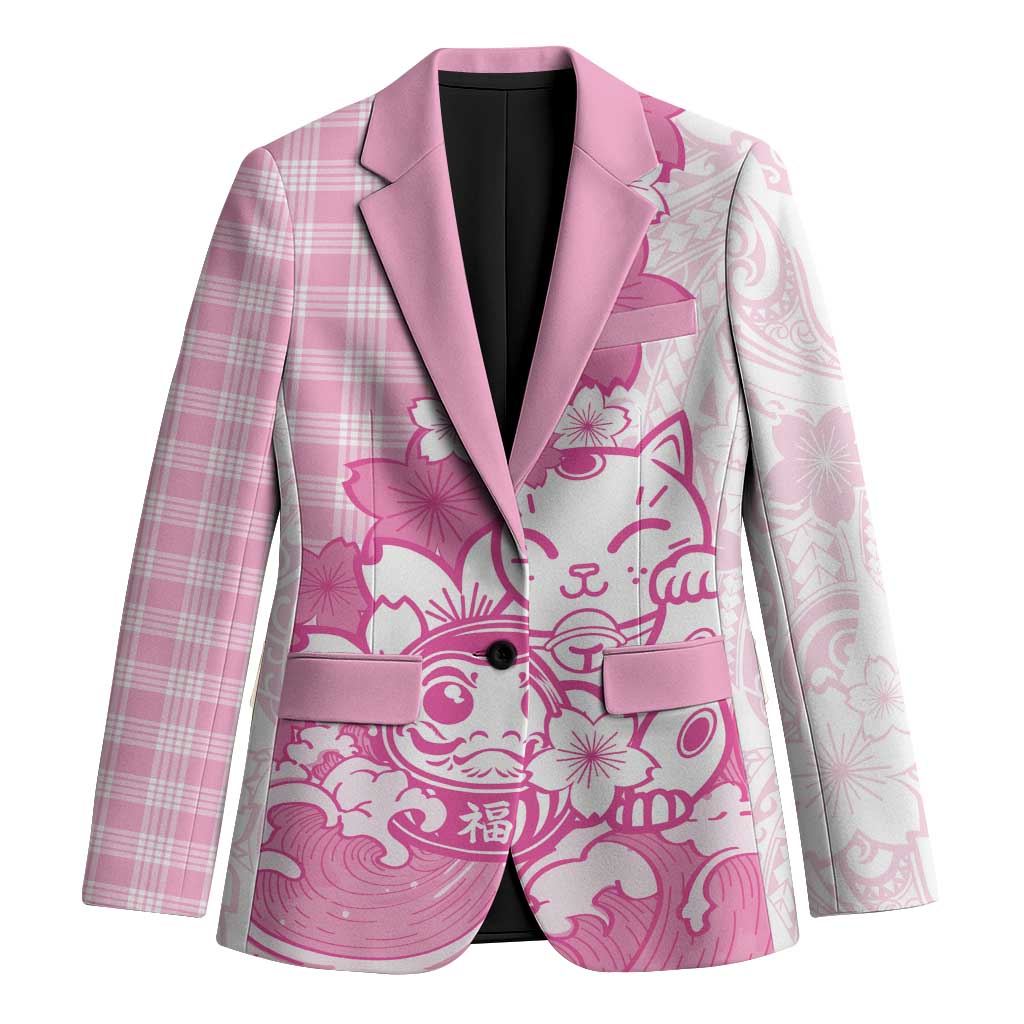 Pink Palaka Hawaiian And Japanese Blazer Maneki Neko And Sakura Bloom