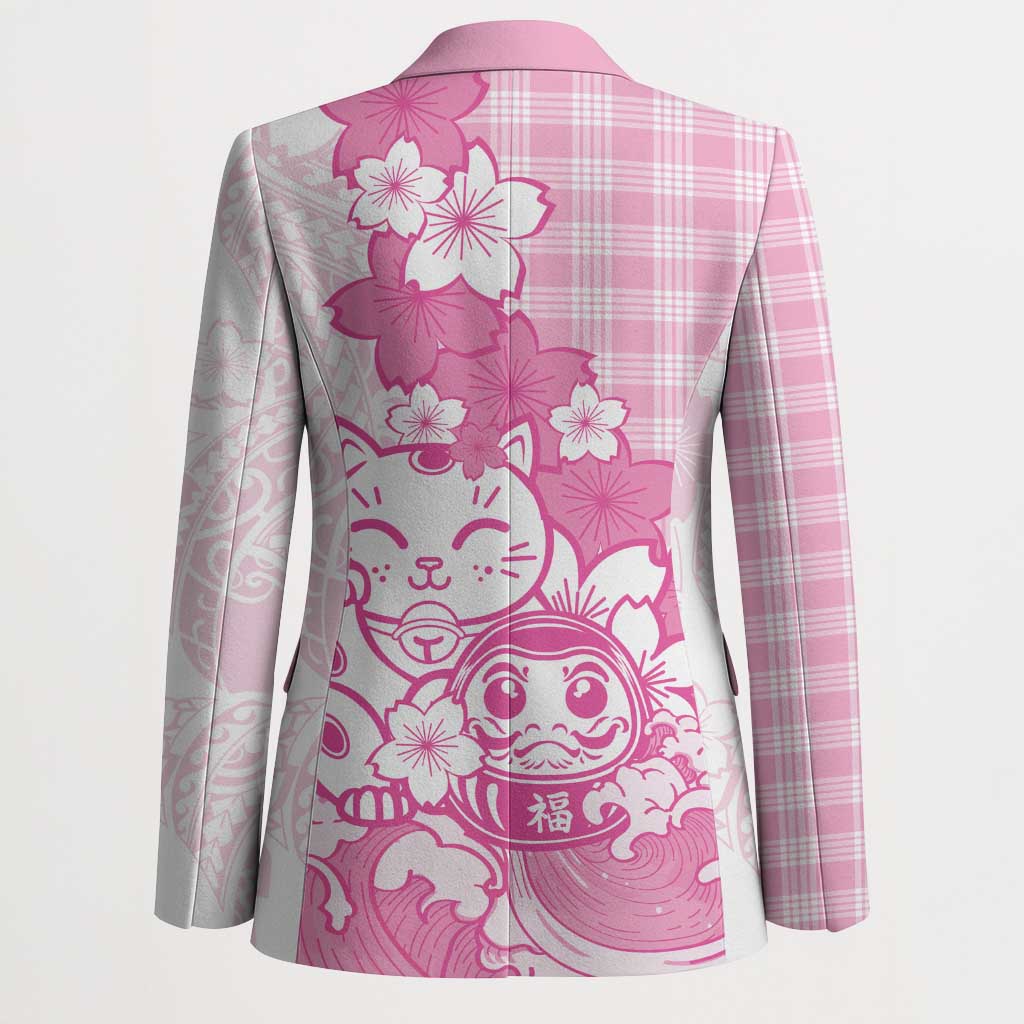 Pink Palaka Hawaiian And Japanese Blazer Maneki Neko And Sakura Bloom