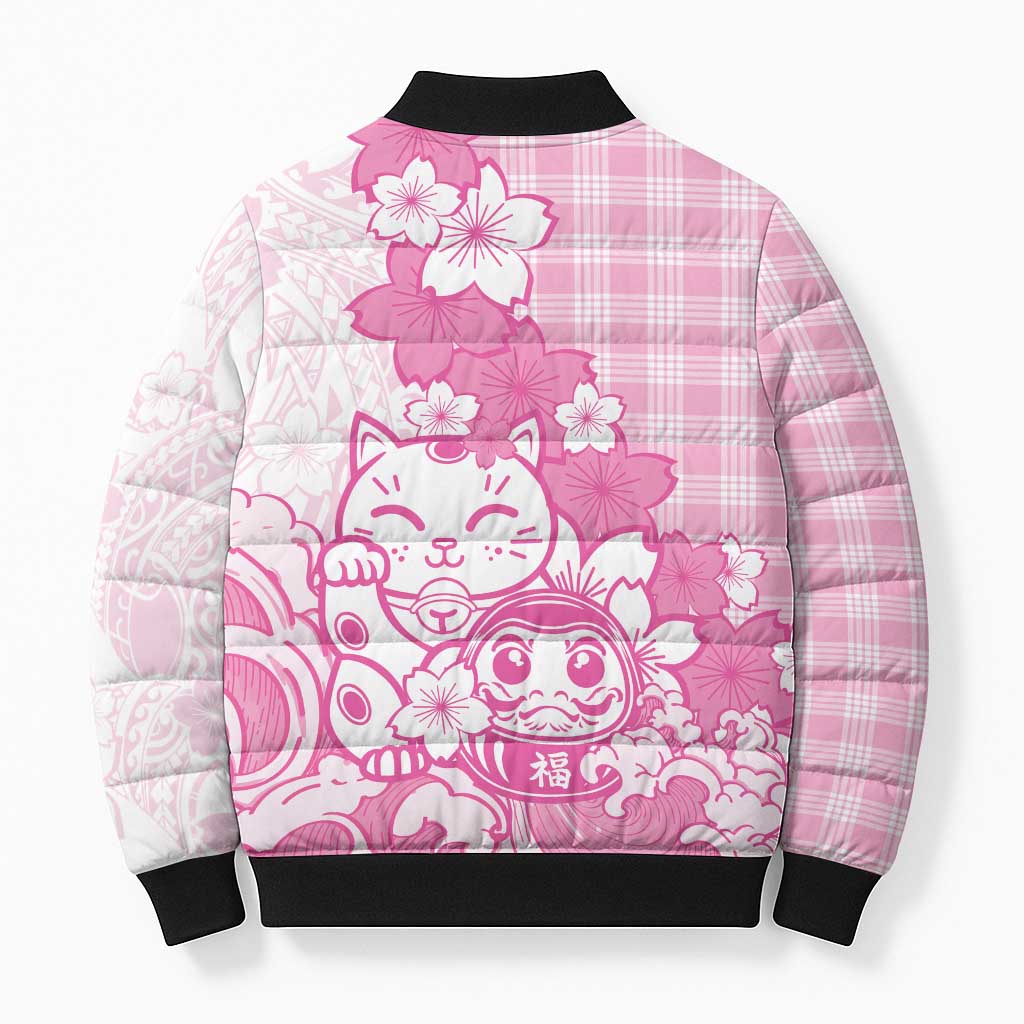 Pink Palaka Hawaiian And Japanese Bomber Puffer Jacket Maneki Neko And Sakura Bloom
