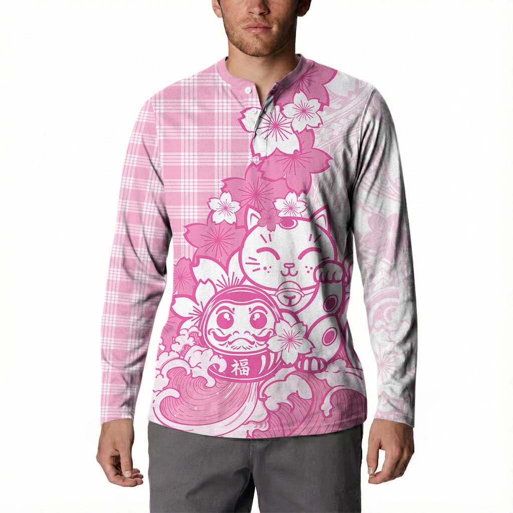 Pink Palaka Hawaiian And Japanese Button Sweatshirt Maneki Neko And Sakura Bloom