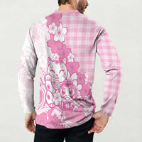 Pink Palaka Hawaiian And Japanese Button Sweatshirt Maneki Neko And Sakura Bloom